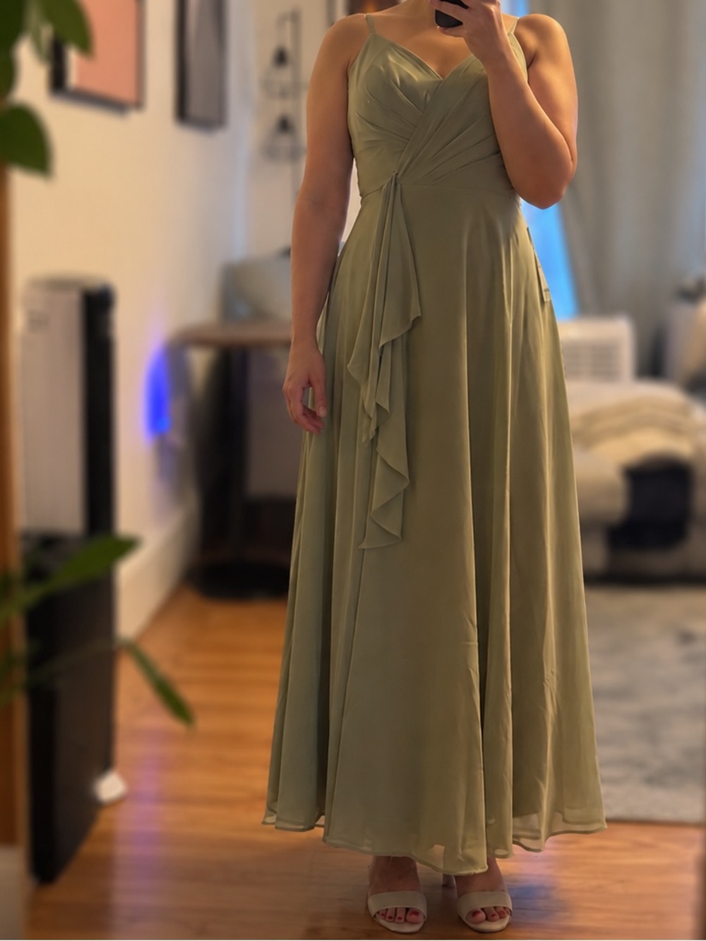 Azazie Olive Green Spaghetti Strap Maxi Dress with Draped Ruffle Detail